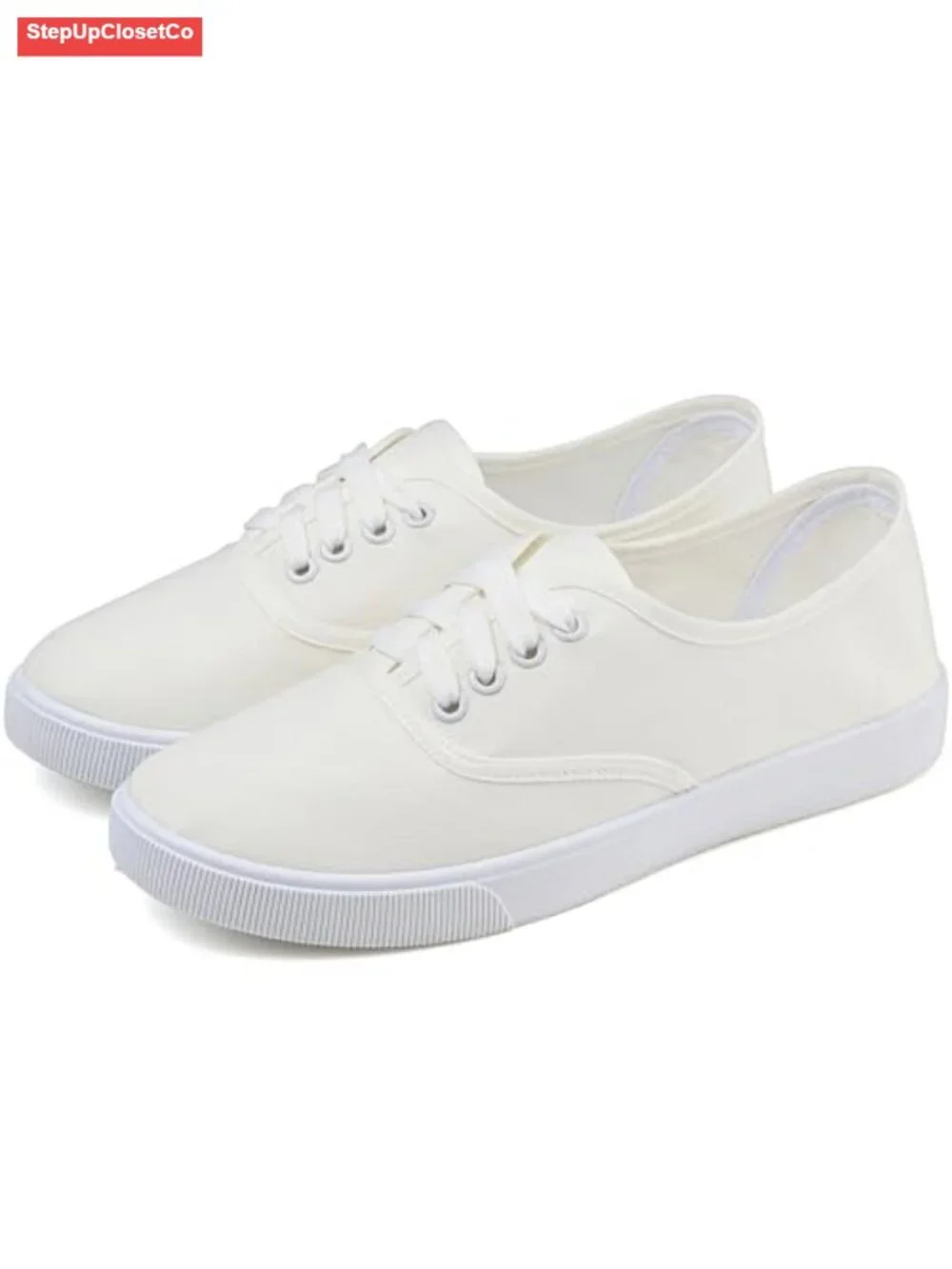 Women's White Canvas Lace Up Low Top Sneakers Casual Comfortable Shoes